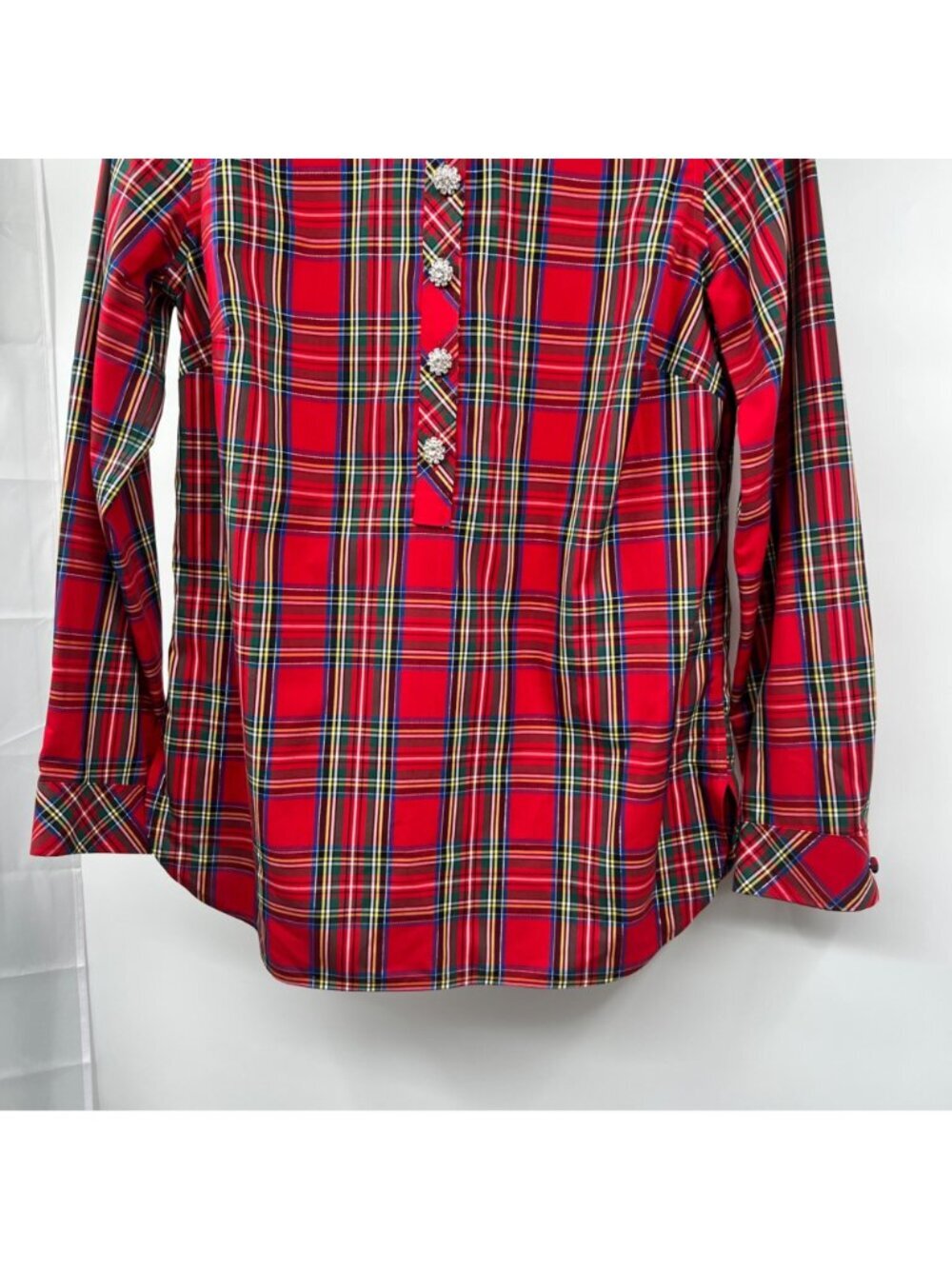 Talbots Plaid Popover Top Long Sleeve Rhinestone Buttons Red/Multi Small - Picture 3 of 9